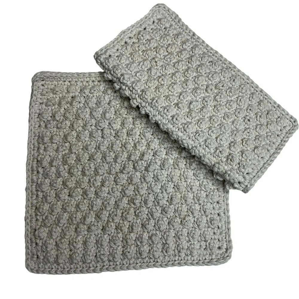 Pair of Crochet Dotty Dishcloth Washcloths Cream Cotton Handcrafted‎ Handmade